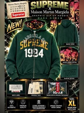 “SUPREME”Maison Martin Margiela Graphic Zip Up hoodie/Dark Green 🔥New! Size: XL